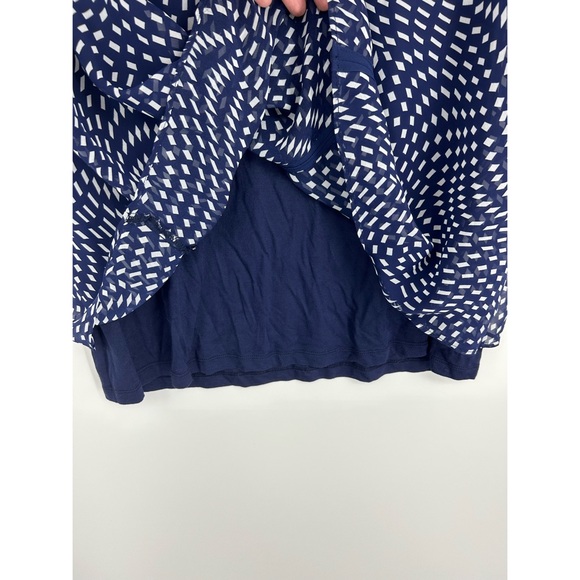 Red Coral Geometric Print Blue White Layered V-Neck Blouse - Picture 4 of 7